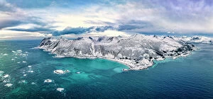 Crystal Collection: Aerial panoramic view of Bovaer beach and majestic cliffs in the crystal cold sea, Skaland, Senja