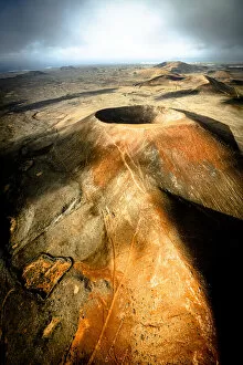 Aerial panoramic view of Calderon Hondo volcano, Corralejo, Fuerteventura, Canary Islands, Spain