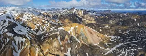 Aerial and panoramic view of Landmannalaugar colorful rhyolite mountains