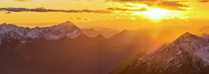 Mountain Peak Prints: Aerial panoramic view of lower Valtellina and snowcapped Monte Legnone at sunset in autumn