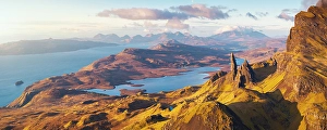 Volcanic Prints: Aerial and panoramic view of Old Man of Storr during sunrise