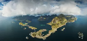 Wind Collection: An aerial panoramic view of the whole Reine fjord on a windy afternoon. Lofoten Islands, Norway