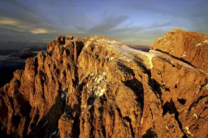 Sella Group Prints: Aerial shot of Sassolungo and Sassopiatto at sunset