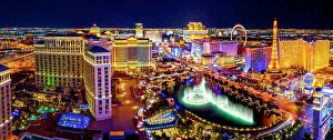 Strip Prints: Aerial Strip View at night with Bellagio Fountains and Paris Hotel, Las Vegas, Nevada, USA