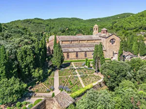 Occitanie Prints: Aerial view at abbey Sainte-Marie de Fontfroide