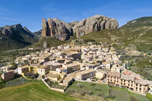 Aerial view of Aguero village. Aguero, Huesca, Aragon, Spain