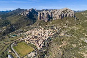 Pyrenees Prints: Aerial view of Aguero village. Aguero, Huesca, Aragon, Spain