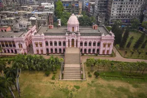 Dhaka Prints: Aerial view of Ahsan Manzil, a famous and touristic landmark at Kumartoli along the banks