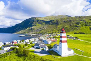 Scandinavian Culture Prints: Aerial view of Alnes Lighthouse and village, Godoya Island, Alesund