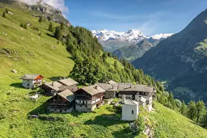 Aerial view of Alpenzu Grande village with view on Monte Rosa group. Gressoney, Lys valley(Valle del Lys), Aosta province, Aosta valley, Italy