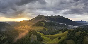 Emilia Romagna Prints: Aerial view of Alto Mountain at sunset in summer day, municipality of Fivizzano