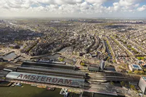Aerial view of Amsterdam with Amsterdam Central Railway station, Netherlands