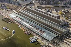 Platform Prints: Aerial view of Amsterdam with Amsterdam Central Railway station, Netherlands