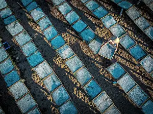 Straight Down Prints: Aerial view of anchovy racks patterns on the beach, Tuy An, Phu Yen Province, Vietnam