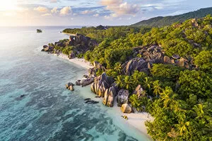 Beach Gallery: Aerial view of Anse Source d Argent beach, La Digue island, Seychelles, Africa