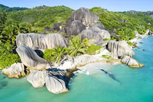 Aerial view of Anse Source d Argent beach, La Digue island, Seychelles, Africa