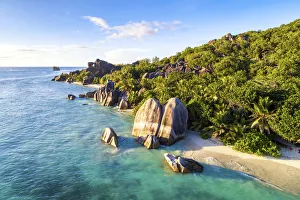 Aerial view of Anse Source d Argent beach at sunset, La Digue island, Seychelles, Africa