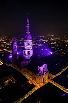 Aerial view of the Antonelli's dome and San Gaudenzio Basilica, at night in winter. Novara, Piedmont, Italy