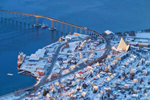 Aerial View over Arctic Cathedral and Bridge, Tromso, Norway