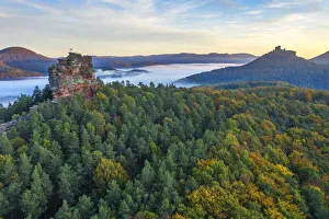 Aerial view at Asselstein with Trifels castle, Annweiler, Palatinate forest, Wasgau
