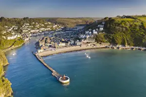 Aerial view of the beautiful Cornish fishing town of Looe on a sunny spring morning, Looe
