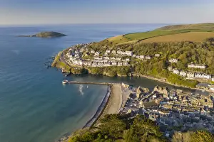 Aerial view of the beautiful Cornish fishing town of Looe on a sunny spring morning, Looe