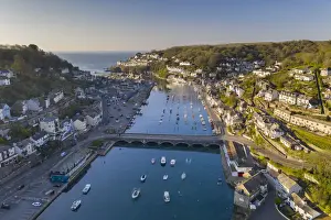 Aerial view of the beautiful Cornish fishing town of Looe on a sunny spring morning, Looe