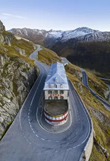 Abandoned Collection: Aerial view of the Belvedere Hotel and the Furka Pass road, famous for a scene of the James Bond