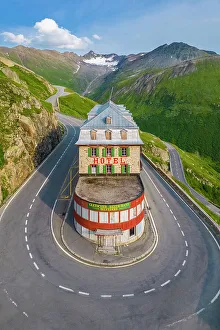 Abandoned Prints: Aerial view of the Belvedere Hotel and the Furka Pass road