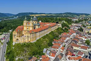 Townscape Prints: Aerial view of Benedictine abbey, Melk, Lower Austria, Austria