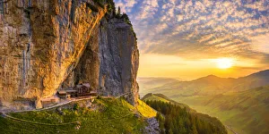 Chalet Prints: Aerial view of Berggasthaus Aescher at sunrise, Canton of Appenzell, Alpstein