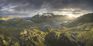 aerial view of Bernina Pass during a warm coloured sunset in summer time, Engadine aerial view of Bernina Pass during a warm coloured sunset in summer time, Engadine