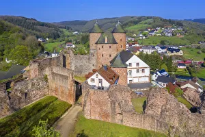 Kylltal Prints: Aerial view on Bertradaburg castle, Murlenbach, Eifel, Rhineland-Palatinate, Germany