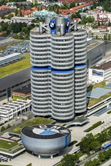 Aerial view of the BMW Headquarters or BMW Tower, Munich, Bavaria, Germany