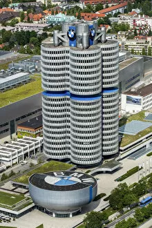 Aerial view of the BMW Headquarters or BMW Tower, Munich, Bavaria, Germany