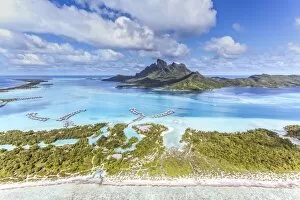Aerial view of Bora Bora island with St Regis and Four Seasons resorts, French Polynesia