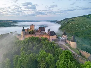 Bourscheid Prints: Aerial view at Bourscheid Castle in the Sauer Valley in morning fog