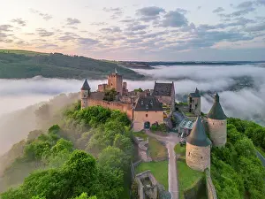 Bourscheid Prints: Aerial view at Bourscheid Castle in the Sauer Valley in morning fog