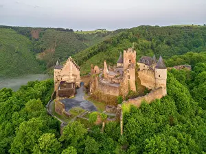 Bourscheid Prints: Aerial view at Bourscheid Castle in the Sauer Valley in morning fog