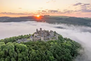 Luxembourg Prints: Aerial view at Bourscheid Castle in the Sauer Valley at sunrise