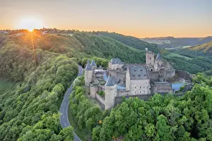 Luxembourg Prints: Aerial view at Bourscheid Castle in the Sauer Valley at sunset