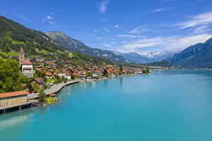Aerial view at Brienz with Lake Brienz, Berner Oberland, canton Berne, Switzerland