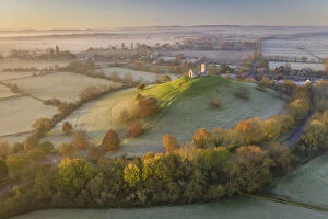 Aerial view of Burrow Mump Church on a beautiful autumn morning, Burrowbridge, Somerset
