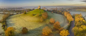 Images Dated 8th December 2021: Aerial view of Burrow Mump Church on a beautiful autumn morning, Burrowbridge, Somerset