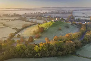 November Prints: Aerial view of Burrow Mump Church on a beautiful autumn morning, Burrowbridge, Somerset