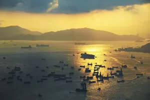 Images Dated 14th June 2011: Aerial view of cargo ships with Lantau Island in the background, Hong Kong, China