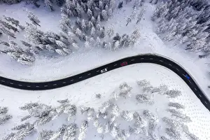 Fir Tree Prints: Aerial view of cars traveling on winding mountain road crossing the snow capped woods in
