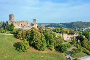 Aerial view at the Castle ruin Rotteln near Lorrach in the evening, Southern Black Forest, Baden-Wurttemberg, Germany