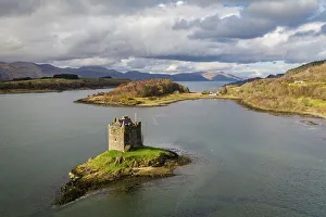Castle Stalker Prints: Aerial view of Castle Stalker on a tidal islet in Loch Laich