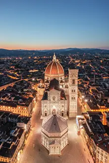 Firenze Prints: Aerial view of the Cathedral of Santa Maria del Fiore at dusk. Florence, Tuscany, Italy